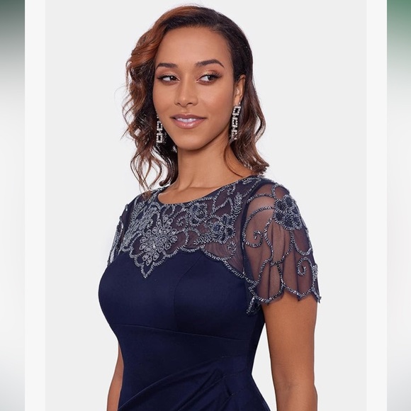 XScape floor length Gown Navy Blue
size 14 petite Flutter sleeves - Picture 6 of 12